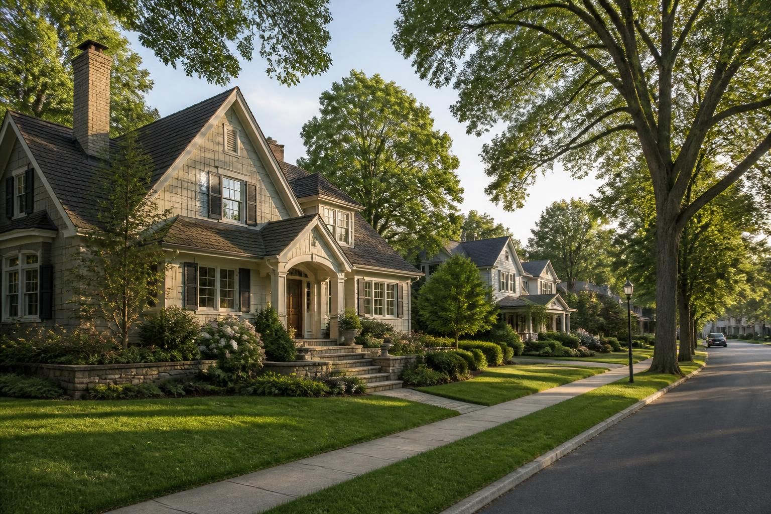 Attractive homes and mature landscaping on a calm street