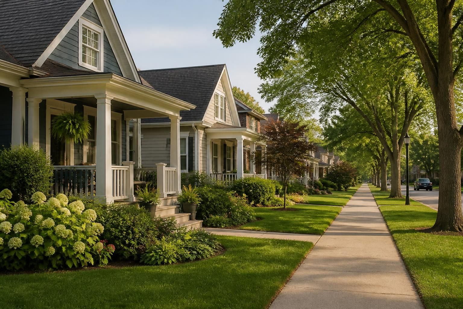 Tidy suburban homes along a calm residential street