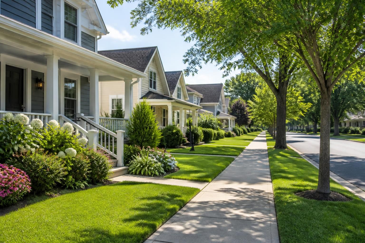 Clean streets and manicured lawns in a bright neighborhood