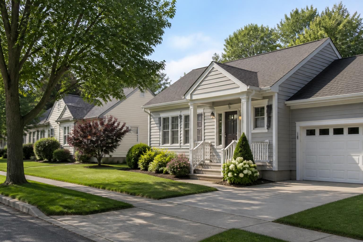 Well-kept houses and tidy driveways in a quiet neighborhood