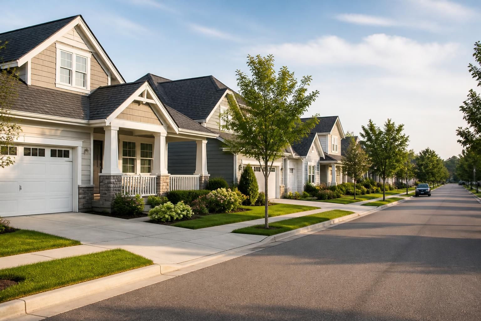 Well-maintained homes along a quiet suburban street