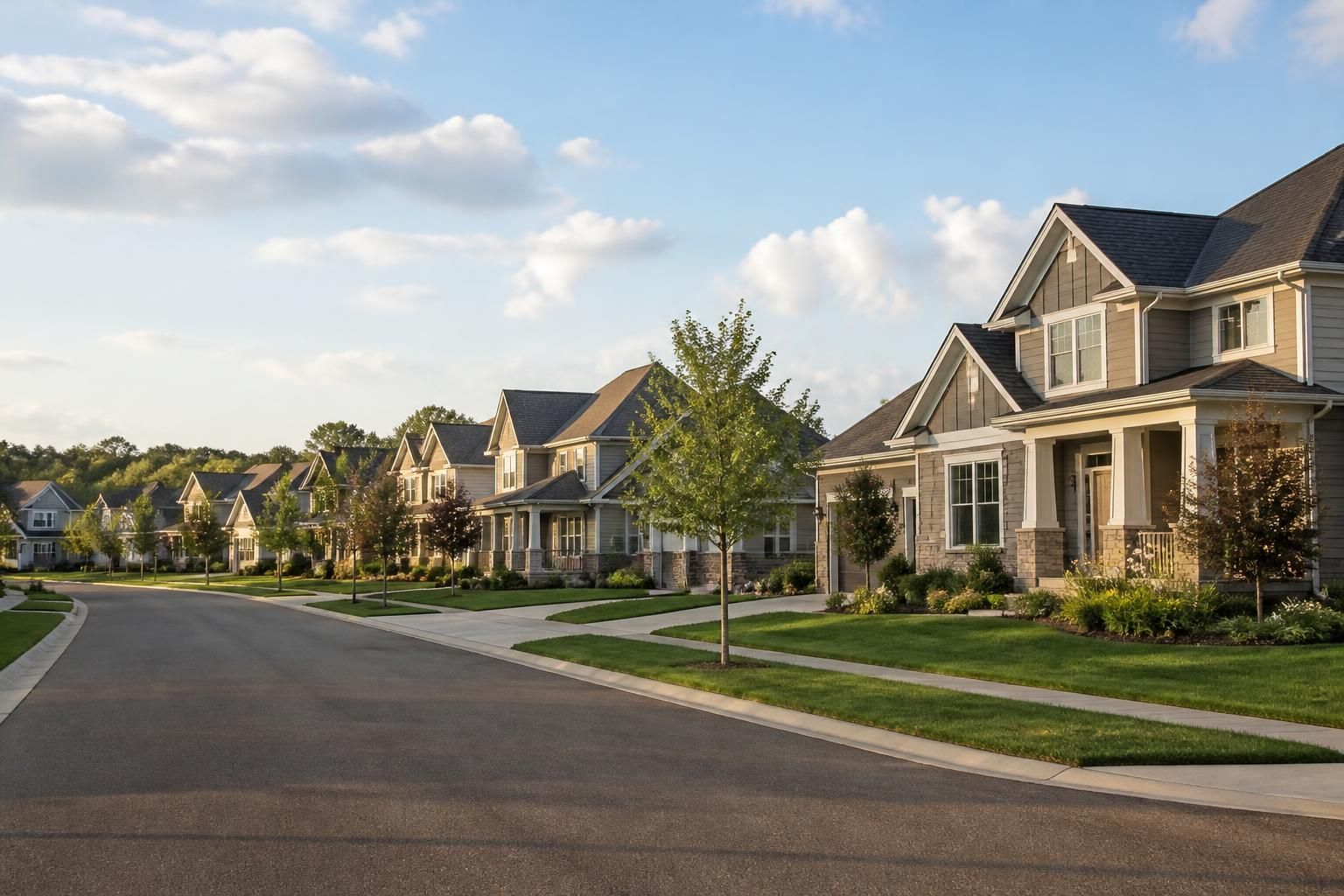 Spacious homes with neatly maintained yards under open skies