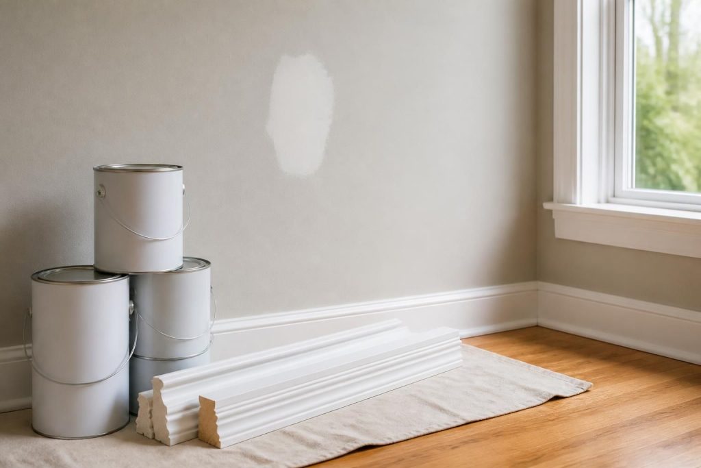 Neatly arranged materials beside a completed home repair